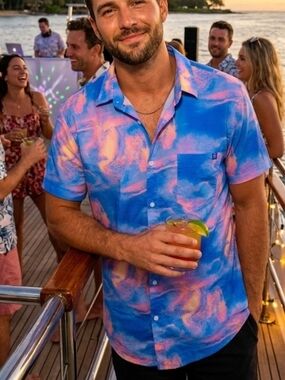 Men's Short Sleeve Blue & Pink Tie-Dye Camp Shirt